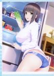  1girl absurdres ass bangs breasts eyebrows_visible_through_hair food highres holding huge_filesize iizuki_tasuku indoors kurihara_aiko large_breasts looking_at_viewer looking_back niizuma_lovely_x_cation scan shiny shiny_hair simple_background solo thighs 