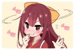  1girl blush bow ears_visible_through_hair eating eyebrows_visible_through_hair fingers_to_mouth food food_on_face food_on_finger hair_bow kamikaze_(kantai_collection) kantai_collection long_hair looking_at_viewer nose_blush red_eyes red_hair rice rice_on_face simple_background solo upper_body yoru_nai 