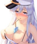  1girl absurdres azur_lane between_breasts blue_eyes blush breasts cleavage enterprise_(azur_lane) food hair_between_eyes highres ice_cream large_breasts long_hair looking_at_viewer parted_lips popsicle sidelocks silver_hair simple_background solo swimsuit takurowo upper_body visor_cap white_background 