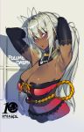  1girl ? antenna_hair armpits arms_up breasts commentary commentary_request dark_elf dark_skin elf highres large_breasts looking_at_viewer namaniku_atk orange_eyes pointy_ears sansei_muramasa solo soukou_akki_muramasa white_hair 