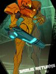  1girl arm_cannon armor full_armor hand_up helmet metroid out_of_frame pauldrons power_armor power_suit samus_aran shoulder_armor shoulder_pads standing teke visor visor_(armor) weapon 