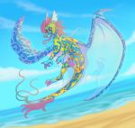  2020 3_toes 4_toes beach claws day detailed_background digital_media_(artwork) dragon eyebrows eyelashes female feral hair hi_res horn icelectricspyro membrane_(anatomy) membranous_wings open_mouth outside sand scalie seaside shoreline sky smile solo teeth toes water western_dragon wings 