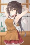  1girl apron armpits black_hair blush breasts brown_apron brown_eyes brown_scrunchie eyebrows_visible_through_hair gensoukitan hair_between_eyes hair_ornament hairclip haruna_(kantai_collection) highres kantai_collection large_breasts long_hair looking_at_viewer nontraditional_miko pleated_skirt ponytail red_skirt scrunchie skirt sleeveless smile solo tying_hair wrist_scrunchie 