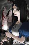  1girl alice:_madness_returns alice_(wonderland) american_mcgee&#039;s_alice artist_request black_hair blood bloody_knife breasts closed_mouth dress holding holding_knife jewelry knife lipstick long_hair looking_at_viewer makeup necklace smile solo 