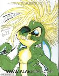 2006 4_arms alaer alien black_claws black_eyes blonde_hair character_name chopsuey claws colored_pencil_(artwork) disney distracting_watermark ears_down english_text experiment_(lilo_and_stitch) fur green_body green_fur green_nose hair lilo_and_stitch looking_at_viewer mixed_media mohawk_(hairstyle) multi_arm multi_limb pivoted_ears simple_background smile solo text traditional_media_(artwork) url watermark white_background yellow_body yellow_fur 