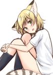  1girl :d absurdres animal_ear_fluff animal_ears black_legwear blonde_hair cat_ears cat_tail extra_ears eyebrows_visible_through_hair from_side green_eyes highres kemono_friends kneehighs leg_hug looking_at_viewer looking_to_the_side no_pants open_mouth sand_cat_(kemono_friends) shiraha_maru shirt short_hair short_sleeves signature simple_background sitting sketch smile solo striped_tail tail v white_background white_shirt 