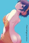  1girl ass blue_background blue_eyes blue_hair blush breasts from_behind hair_over_one_eye medium_breasts naked_towel orange_towel persona persona_4 shinocco shirogane_naoto short_hair shoulder_blades sideboob simple_background solo standing towel 