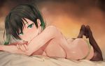  1girl after_sex alp ass bangs bed_sheet black_hair black_legwear blush breasts cleavage feet gradient_hair green_eyes green_hair green_panties large_breasts looking_at_viewer love_live! love_live!_school_idol_festival_all_stars lying multicolored_hair on_stomach open_mouth panties simple_background solo steam sweat takasaki_yuu thighhighs topless twintails underwear wet_spot 