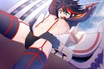 1girl arms_up bangs black_hair boots breasts cloud commentary_request day eyelashes glint gloves highres holding holding_weapon kill_la_kill lens_flare matoi_ryuuko microskirt multicolored_hair navel open_mouth outdoors pleated_skirt red_hair revealing_clothes scissor_blade senketsu short_hair skirt sky solo sorato_watari streaked_hair suspenders teeth thigh_boots thighhighs tongue two-tone_hair underboob upper_teeth v-shaped_eyebrows weapon 