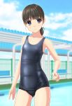  1girl absurdres bangs bench black_hair blue_eyes blue_sky blunt_bangs cloud commentary_request contrapposto day flat_chest grey_swimsuit highres long_hair looking_at_viewer low_ponytail old_school_swimsuit original outdoors pool school_swimsuit sky solo standing swimsuit takafumi 