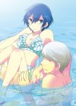  1boy 1girl bangs bikini blue_bikini blue_eyes blue_hair blush breasts cleavage closed_mouth grey_eyes innertube looking_at_viewer medium_breasts narukami_yuu outdoors persona persona_4 shinocco shiny shiny_hair shirogane_naoto short_hair shoulder_blades sideboob silver_hair smile striped striped_bikini swimsuit water water_surface 