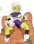  1boy 1girl afterimage bodysuit boots breastplate breasts brekkist broly_(dragon_ball_super) cameltoe cheelai clothed_female_nude_male commentary covered_nipples dragon_ball dragon_ball_super dragon_ball_super_broly english_commentary erection gloves green_skin grey_hair grinding handjob heavy_breathing height_difference hetero highres huge_penis looking_at_viewer medium_breasts nude off_shoulder penis penis_awe pink_eyes pointy_shoes pov purple_bodysuit pussy_juice_stain shoes short_hair solo_focus spread_legs straddling sweat uncensored wet wet_clothes white_gloves 