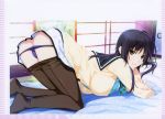  1girl ass bangs black_legwear breasts eyebrows_visible_through_hair highres iizuki_tasuku indoors large_breasts lips long_hair looking_at_viewer lovely_x_cation_2 official_art panties panty_pull pantyhose scan school_uniform shiny shiny_hair simple_background smile solo thighhighs underwear 