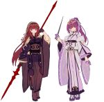  2girls adapted_costume fate/grand_order fate_(series) gae_bolg hair_intakes hakusai_(tiahszld) headpiece highres holding holding_wand japanese_clothes kimono looking_at_viewer multiple_girls obi pauldrons polearm ponytail purple_hair red_eyes sash scathach_(fate)_(all) scathach_(fate/grand_order) scathach_skadi_(fate/grand_order) shoulder_armor tiara veil wand weapon 