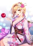  1girl :d aki663 bangs blonde_hair blurry blurry_background blush braid breasts candy_apple cleavage collarbone commentary_request depth_of_field djeeta_(granblue_fantasy) eyebrows_visible_through_hair feet_out_of_frame floral_print flower food from_side granblue_fantasy hair_bobbles hair_flower hair_ornament highres holding holding_food japanese_clothes kimono long_hair long_sleeves looking_at_viewer looking_to_the_side medium_breasts obi open_mouth orange_eyes pink_flower print_kimono purple_kimono sash single_hair_intake sitting smile solo swept_bangs twin_braids white_flower wide_sleeves 