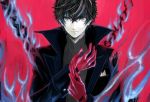  1boy adjusting_clothes adjusting_gloves amamiya_ren bangs black_coat black_hair blue_fire chain closed_mouth coat fire gloves grey_eyes hair_between_eyes hitoki_(kokusei1977) looking_at_viewer open_clothes open_coat persona persona_5 red_background red_gloves smile solo twitter_username upper_body 