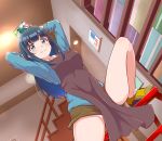  1girl apron arms_up bangs black_hair blue_eyes blush bookshelf breasts brown_apron closed_mouth collared_shirt commentary_request eromanga_sensei eyelashes indoors light long_hair long_sleeves picolette_xiii shiny shiny_skin shirt shoes smile solo spread_legs stairs takasago_tomoe white_shirt yellow_footwear 