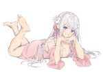  1girl artist_request bare_legs barefoot braid breasts cleavage crown_braid detached_sleeves emilia_(re:zero) feet flower full_body hair_flower hair_ornament interlocked_fingers looking_at_viewer lying medium_breasts nightgown on_stomach own_hands_together pointy_ears purple_eyes re:zero_kara_hajimeru_isekai_seikatsu silver_hair simple_background smile soles solo the_pose toes 