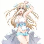  1girl :d amagi_brilliant_park arm_up armpits bangs blonde_hair blue_eyes blue_ribbon blue_shorts breasts cleavage collarbone eyebrows_visible_through_hair floating_hair groin hair_between_eyes hair_ribbon large_breasts long_hair midriff mishiro_(andante) navel open_mouth ribbon shiny shiny_hair short_shorts shorts sideboob simple_background sketch smile solo stomach sylphy_(amaburi) twintails very_long_hair white_background 