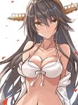  1girl bikini black_hair breasts brown_eyes cleavage collarbone commentary_request front-tie_top gensoukitan hairband haruna_(kantai_collection) headgear highres jacket kantai_collection long_hair looking_at_viewer medium_breasts open_clothes open_jacket smile solo swimsuit upper_body white_bikini white_jacket 