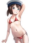  1girl alternate_costume aqua_eyes arm_behind_head arm_up armpits ass_visible_through_thighs bare_arms bare_legs bare_shoulders bikini blush brown_hair collarbone commentary_request cowboy_shot daitou_(kantai_collection) eyebrows_visible_through_hair flat_chest grin groin halterneck hat highres kabayaki_namazu kantai_collection looking_at_viewer micro_bikini navel petite red_bikini sailor_hat short_hair side-tie_bikini simple_background smile solo standing stomach string_bikini swimsuit white_background white_headwear 