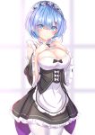  1girl apron blue_eyes blue_hair breasts cleavage cowboy_shot detached_collar detached_sleeves dress frilled_dress frills hair_ornament hands_up headdress highres index_finger_raised large_breasts long_sleeves looking_at_viewer maid maid_apron pantyhose re:zero_kara_hajimeru_isekai_seikatsu rem_(re:zero) short_hair simple_background smile solo standing waist_apron white_background white_legwear wide_sleeves x_hair_ornament yuano 