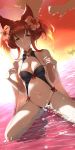  1girl absurdres aiu_eo animal_ears anthuria breasts cleavage erune flower granblue_fantasy hair_flower hair_ornament hair_up highres looking_at_viewer red_eyes red_hair ribbon solo sunset swimsuit water 