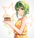  1girl bangs bare_arms bare_shoulders birthday blurry blurry_background bow cake candle carrot_print chocolate_cake closed_mouth commentary_request depth_of_field dress eyebrows_visible_through_hair food food_print from_side green_eyes green_hair gumi holding holding_plate layered_dress looking_at_viewer looking_to_the_side number orange_bow orange_dress plate short_hair sidelocks sleeveless sleeveless_dress smile solo star_(symbol) upper_body vocaloid zhi_(yammycheese) 