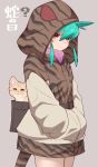  1girl absurdres aqua_hair blush cat eyebrows_visible_through_hair hands_in_pockets highres hood hoodie kemono_friends looking_at_viewer notora sand_cat sand_cat_(kemono_friends) simple_background tail translation_request tsuchinoko_(kemono_friends) whiskers 