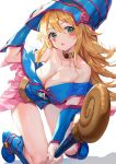  1girl bare_shoulders blonde_hair blue_footwear blush blush_stickers boots breasts choker cleavage collarbone dark_magician_girl duel_monster foreshortening green_eyes hat highres huwali_(dnwls3010) kneeling large_breasts long_hair looking_at_viewer parted_lips pentacle simple_background solo staff wand white_background wizard_hat yuu-gi-ou 