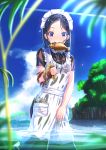  1girl abo_(kawatasyunnnosukesabu) black_hair blue_eyes blurry_foreground condensation_trail day eel fish highres holding looking_at_viewer maid maid_headdress mouth_hold original outdoors seaweed see-through sky wading water wet wet_clothes 