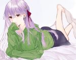  1girl absurdres artist_request bangs black_skirt blush breasts circlet closed_mouth earrings fate/grand_order fate_(series) feet_up green_sweater hair_ribbon highres hood hooded_sweater jewelry kama_(fate/grand_order) large_breasts long_hair long_sleeves looking_at_viewer lying on_stomach pink_eyes red_ribbon ribbon silver_hair skirt smile sweater 