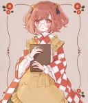  1girl apron bangs bell blush book book_hug checkered checkered_shirt glasses hair_bell hair_ornament holding holding_book japanese_clothes kimono looking_at_viewer motoori_kosuzu red_eyes red_hair round_eyewear shirt short_hair touhou twintails two_side_up yellow_apron yujup 