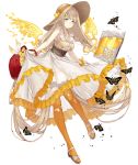  1girl absurdly_long_hair basket blonde_hair blue_eyes book bracelet bug butterfly dress frilled_dress frills full_body hat insect jewelry ji_no long_hair looking_at_viewer official_art petals rapunzel_(sinoalice) sandals sinoalice smile solo straw_hat sundress transparent_background very_long_hair 