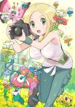  1girl absurdres bare_shoulders blonde_hair blue_eyes breasts bug butterfly camera flabebe flabebe_(blue) flabebe_(orange) flabebe_(red) flabebe_(white) flabebe_(yellow) florges florges_(red) flower gen_3_pokemon gen_5_pokemon gen_6_pokemon highres insect joltik large_breasts midriff navel open_mouth pants pokemoa pokemon pokemon_(game) pokemon_xy shirt solo spider surskit tank_top viola_(pokemon) vivillon vivillon_(meadow) wet wet_clothes wet_shirt 