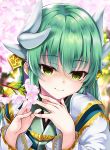  1girl bangs blurry blurry_background cherry_blossoms closed_mouth commentary_request depth_of_field eyebrows_visible_through_hair fate/grand_order fate_(series) fingernails flower green_eyes green_hair green_kimono hair_between_eyes hair_ornament hands_up highres hitsujibane_shinobu horns japanese_clothes kimono kiyohime_(fate/grand_order) long_hair long_sleeves looking_at_viewer pink_flower smile solo tree_branch upper_body white_kimono 
