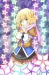  1girl black_skirt blonde_hair blue_skirt brown_jacket green_eyes hane_(hanegoya) jacket mizuhashi_parsee pointy_ears scarf skirt star_(symbol) touhou 