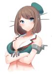  1girl beret blue_eyes breasts brown_hair cleavage commentary_request crossed_arms hair_ornament hairclip hat headgear highres kantai_collection large_breasts looking_at_viewer maya_(kantai_collection) midriff mizuki_eiru_(akagi_kurage) navel remodel_(kantai_collection) short_hair simple_background sleeveless smile solo upper_body white_background x_hair_ornament 