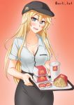  1girl anti_(untea9) black_headwear black_skirt blonde_hair blue_eyes box breasts cleavage commentary_request cowboy_shot drink employee_uniform food french_fries gradient gradient_background highres iowa_(kantai_collection) kantai_collection large_breasts logo looking_at_viewer mcdonald&#039;s open_clothes red_background shirt short_sleeves skirt solo star-shaped_pupils star_(symbol) symbol-shaped_pupils tray twitter_username uniform white_shirt 