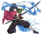  1boy bangs belt black_hair black_legwear black_pants blue_eyes closed_mouth commentary_request frown haori highres holding holding_sword holding_weapon japanese_clothes katana kimetsu_no_yaiba kobaji long_hair long_sleeves looking_at_viewer one_knee pants sandals simple_background socks sword tomioka_giyuu v-shaped_eyebrows water weapon white_background white_belt 