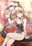  1girl ahoge animal_ears arisa_bannings black_leotard black_neckwear blurry blurry_background bow bowtie breasts brown_hair bunny_ears bunny_girl bunny_tail bunnysuit casino_card_table cleavage commentary_request crossed_legs detached_collar fake_animal_ears fishnet_legwear fishnets green_eyes highres kuroi_mimei leotard looking_at_viewer lyrical_nanoha mahou_shoujo_lyrical_nanoha medium_breasts medium_hair older one_eye_closed pantyhose sidelocks sitting sitting_on_table solo strapless strapless_leotard tail wrist_cuffs 