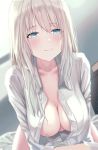  1girl bandaid bandaids_on_nipples bangs blue_eyes blurry blurry_background blush breasts cleavage collarbone commentary_request eyebrows_visible_through_hair highres long_hair looking_at_viewer moda_(mo_da_3) original pale_skin pasties shirt smile solo white_shirt 