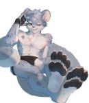  2020 4_toes abs absurd_res anthro big_ears black_clothing black_nose black_pawpads black_underwear blue_eyes chest_tuft claws clothed clothing crossed_legs detailed digital_media_(artwork) ear_tuft eyebrows facial_markings feet felid fluffy fluffy_tail foot_focus fur fur_markings grey_body grey_fur grey_hair hair hand_on_head head_markings hi_res leaning leaning_back leno_woof leopard leopard_spots looking_at_viewer male mammal markings muscular muscular_anthro muscular_male one_eye_closed pantherine pawpads pink_inner_ear pink_tongue plantigrade pupils red_markings scar scratching_head shaded short_hair shoulder_tuft simple_background sitting slit_pupils smile snow_leopard solo solo_focus spots spotted_body spotted_fur spotted_tail thick_eyebrows toe_claws toes tongue topless tuft underwear white_body white_eyebrows white_fur wink wristband 
