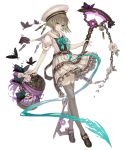  1girl aqua_eyes birdcage brown_hair bug butterfly cage chain flower full_body gretel_(sinoalice) hansel_(sinoalice) hat insect ji_no key loafers looking_at_viewer official_art ribbon sailor_collar school_uniform shoes sinoalice skirt smile solo staff thighhighs transparent_background 