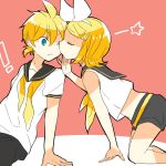  ! 1boy 1girl 7:24 ahoge all_fours barefoot blonde_hair blue_eyes bow brother_and_sister cheek_kiss closed_eyes hair_bow hair_ornament hairclip kagamine_len kagamine_rin kiss leaning_forward one_eye_closed sailor_collar short_hair short_ponytail shorts siblings sitting sketch star_(symbol) surprise_kiss surprised twins undone_necktie vocaloid yellow_neckwear 