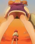  2girls bag brown_hair cloud from_behind from_below hanadera_nodoka haruyama_kazunori healin&#039;_good_precure hiramitsu_hinata holding holding_bag jacket legs long_sleeves multiple_girls orange_sky outdoors panties pantyshot precure rabirin_(precure) red_hair red_skirt shirt short_hair skirt sky standing twintails underwear 