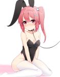  1girl absurdres animal_ears ass bangs bare_arms bare_shoulders between_legs black_collar blush breasts bunny_ears bunny_girl bunnysuit collar collarbone commentary_request covered_navel fake_animal_ears hair_ornament hand_between_legs highres leash long_hair looking_at_viewer medium_breasts original pink_hair red_eyes side_ponytail simple_background sitting solo tearing_up thighhighs wavy_mouth white_background white_legwear x_hair_ornament zangi_(lkt2012) 