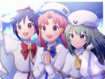  3girls aika_granzchesta alice_carroll aria aria_company_uniform bow bowtie capelet dress gloves gold_trim high_collar himeya_company_uniform long_sleeves mizunashi_akari multiple_girls orange_planet_uniform shirt sky smile undershirt uniform upper_body white_capelet white_dress white_headwear white_shirt wotsumiki_(sakura-yuzu) 