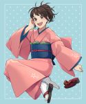  1girl bangs blue_background blush brown_eyes brown_hair commentary_request eyebrows_visible_through_hair floral_print gintama highres japanese_clothes kimono kobaji long_sleeves looking_at_viewer obi open_mouth ponytail sandals sash shimura_tae shoe_removed short_hair smile socks solo upper_teeth white_legwear wide_sleeves 
