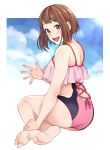  1girl absurdres ass bangs bare_arms bare_shoulders barefoot black_swimsuit blue_sky blush boku_no_hero_academia breasts brown_eyes brown_hair cloud cloudy_sky commentary_request day eyebrows_visible_through_hair from_behind highres kobaji large_breasts looking_at_viewer open_mouth pink_swimsuit short_hair sky smile soles solo swimsuit upper_teeth uraraka_ochako 
